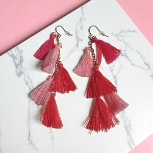 Pink Ombré Tassel Earrings Gold Tone Chain Dangle Hook Women Boho Chic Jewelry